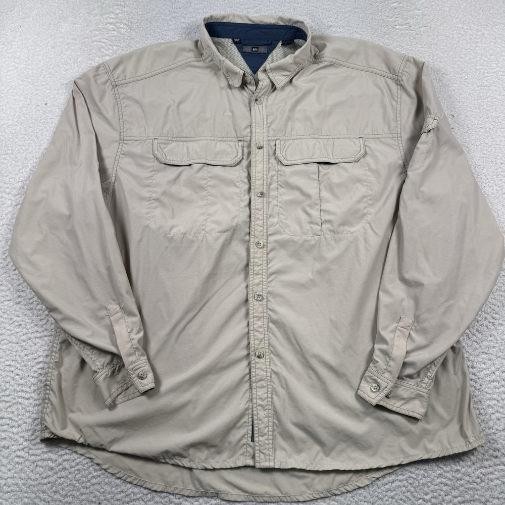 REI Shirt Men 2XL Nylon Sahara Tech Vented Roll Tab UPF 40+ Fishing Hiking Beige